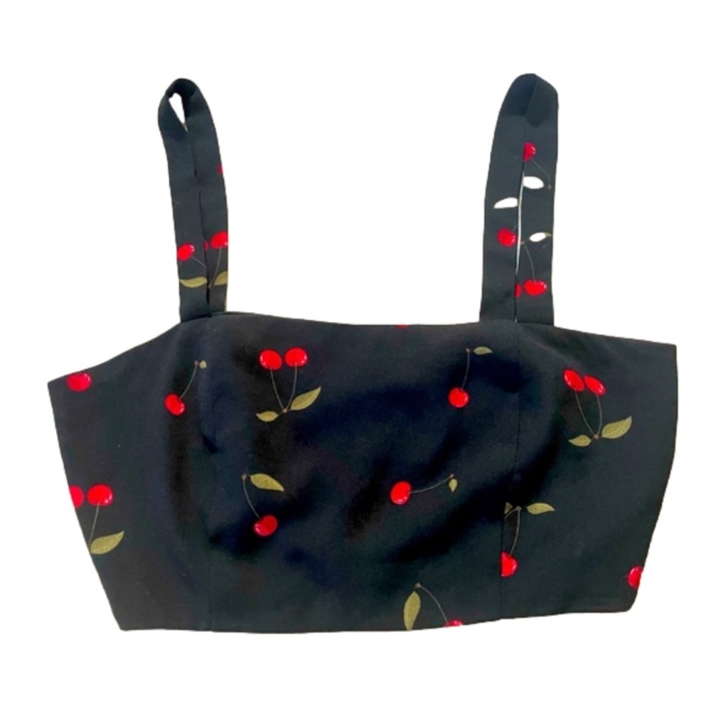 TOBI - Cute Cherry Zip Up Crop Top Black Bralette. Size Small